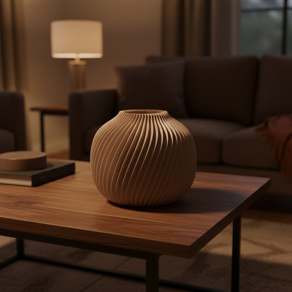 Orvella 3D-geprinte designvaas in lattebruin op houten tafel in warm interieur