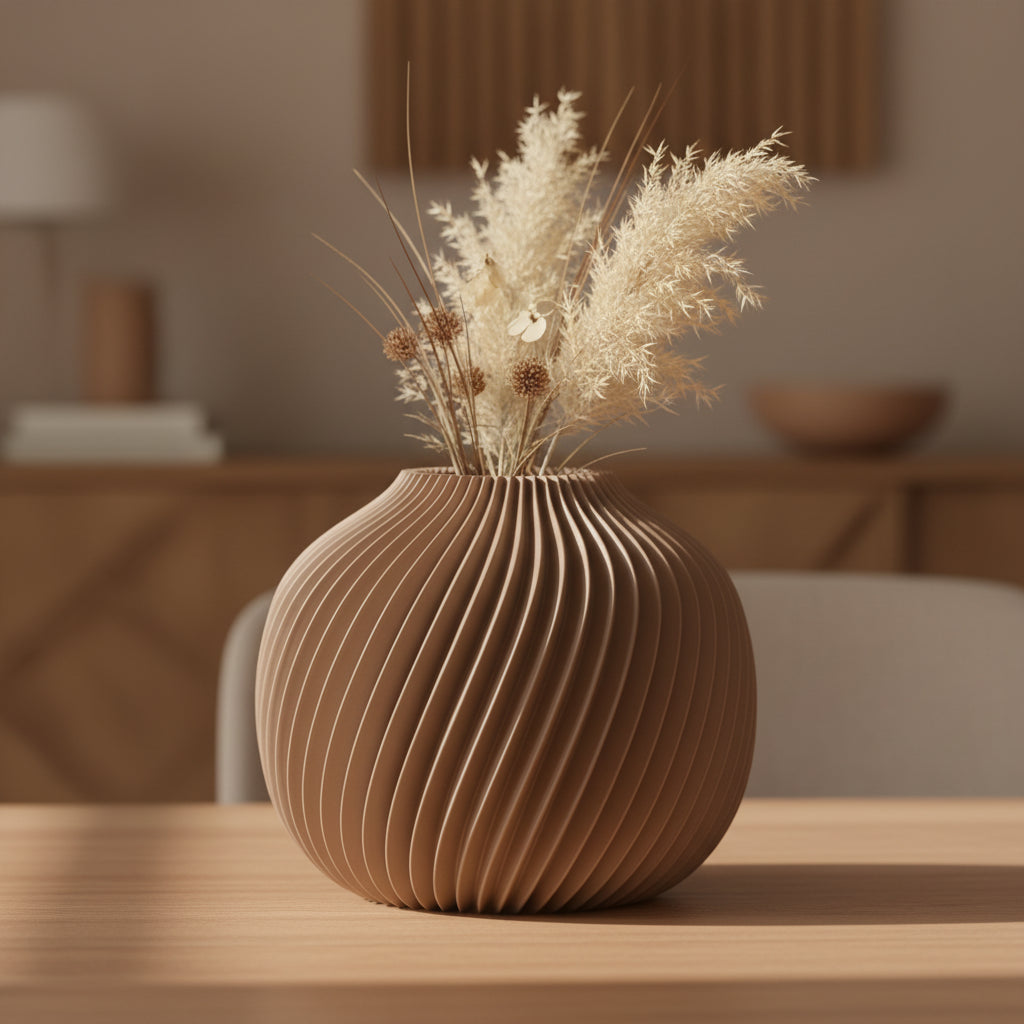 Orvella 3D-geprinte vaas in lattebruin met droogbloemen op houten tafel