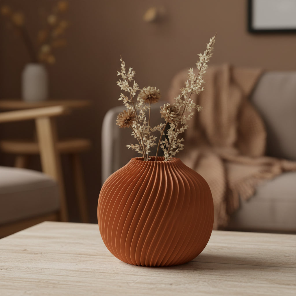 Orvella vaas in terracotta met droogbloemen in warm interieur
