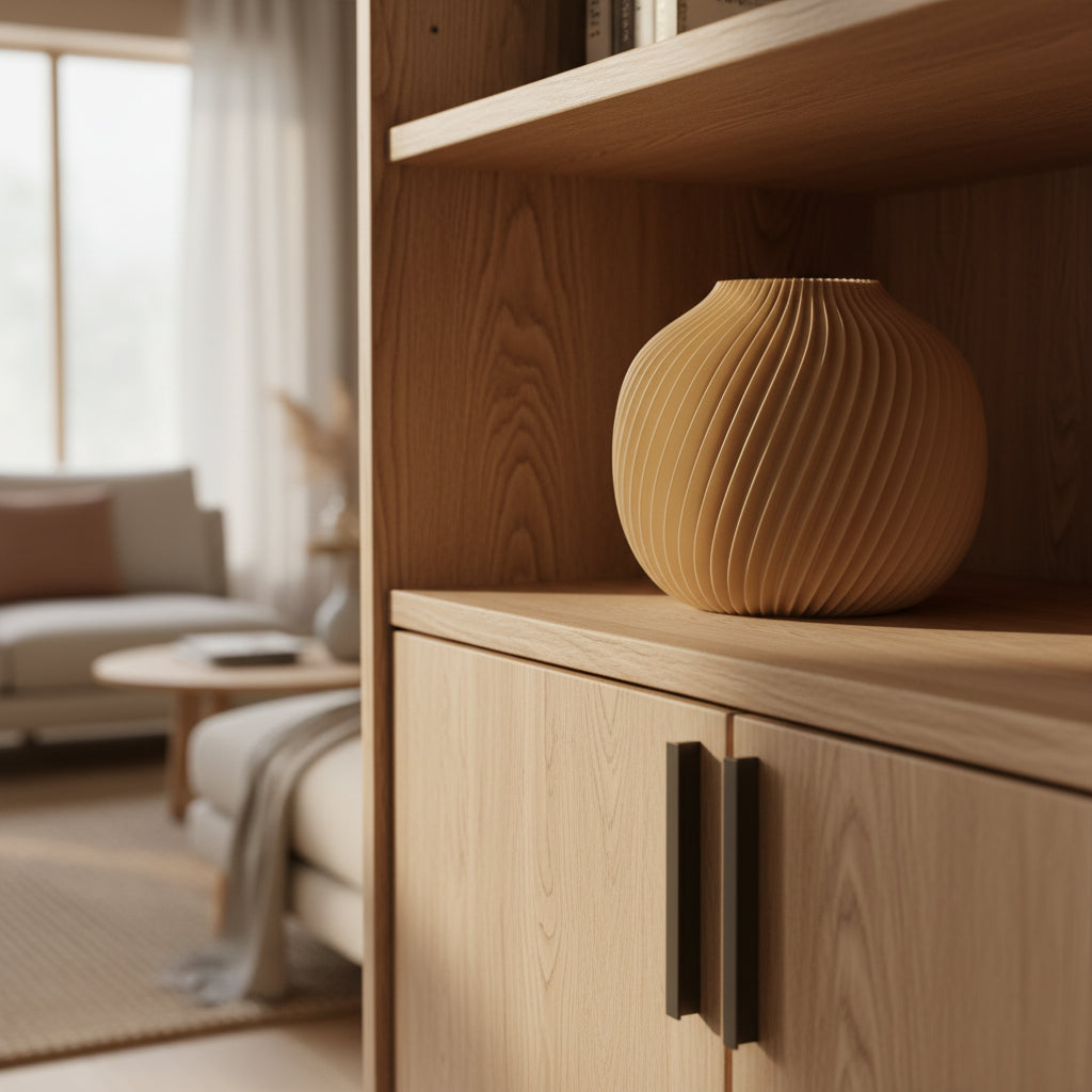 Orvella designvaas in woestijnbruin op houten kast in warm interieur