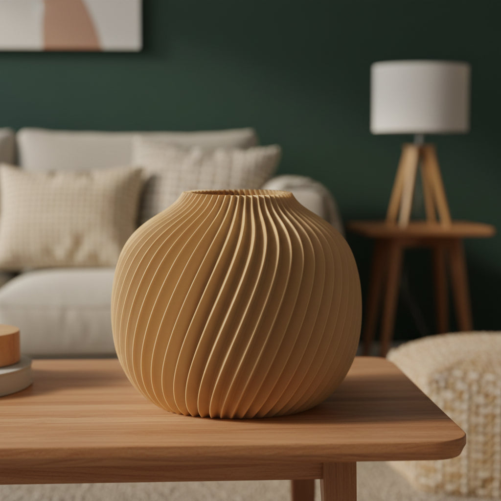 Orvella 3D-geprinte designvaas in woestijnbruin op houten tafel in interieur