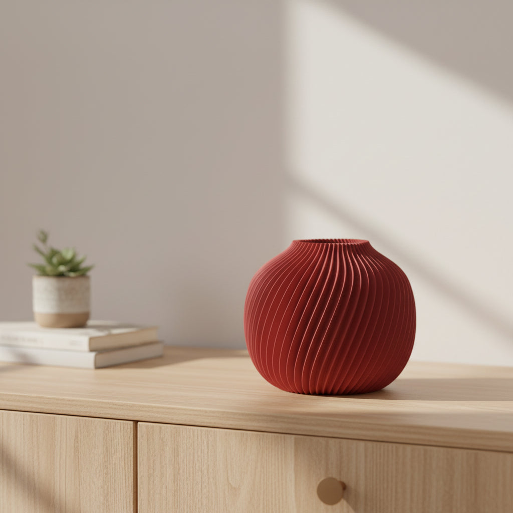 Orvella designvaas in donkerrood op lichte tafel