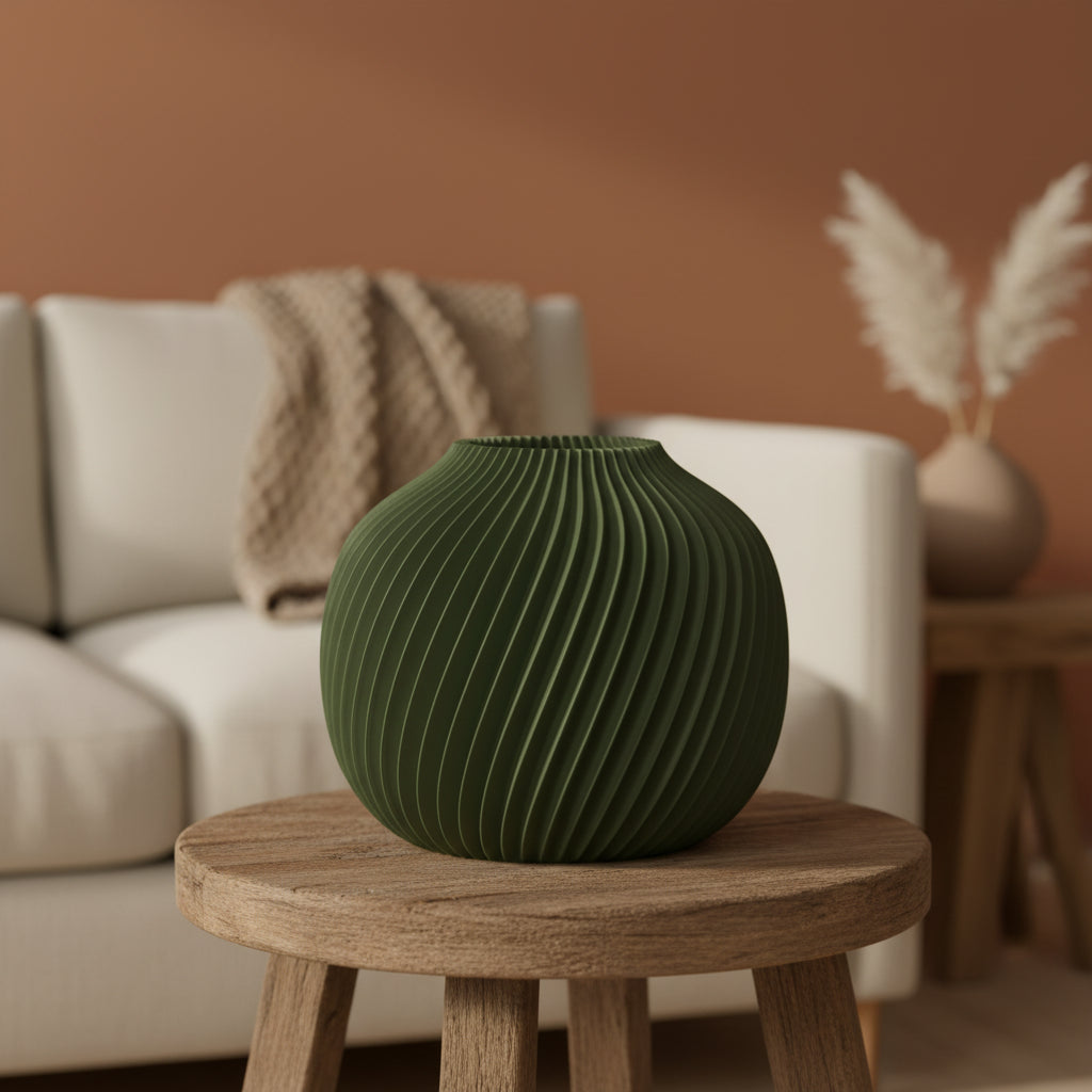 Orvella 3D-geprinte vaas in donkergroen op ronde houten tafel
