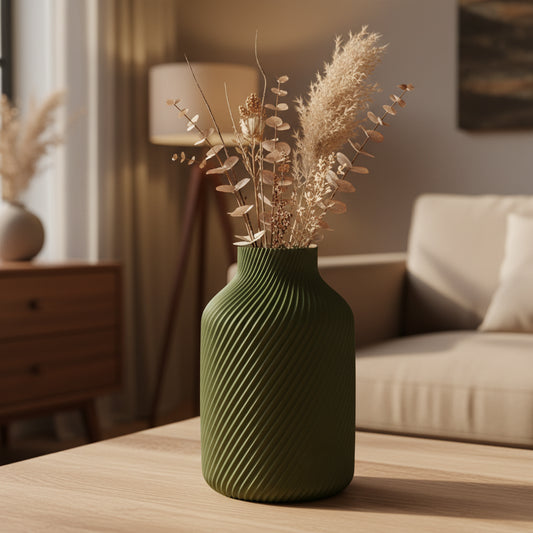 Verano 3D-geprinte vaas in donkergroen met droogbloemen op houten tafel