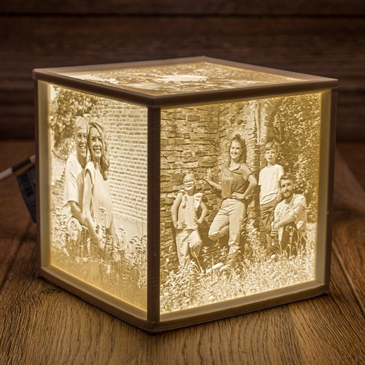 3D-geprinte Fotolicht Kubus met LED-verlichting en 4 foto's