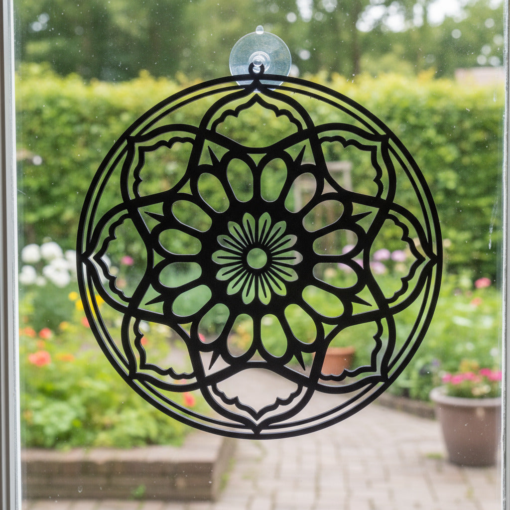 Mandala Tijdloze Bloei – spiritueel kunstobject voor interieur als raamdecoratie uit eigen studio van Marc Hartman