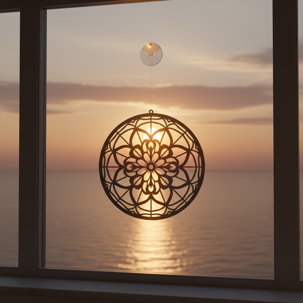 Detail van Mandala Waardekring – geometrische vormen en symbolische cirkel in 3D-print als raamdecoratie
