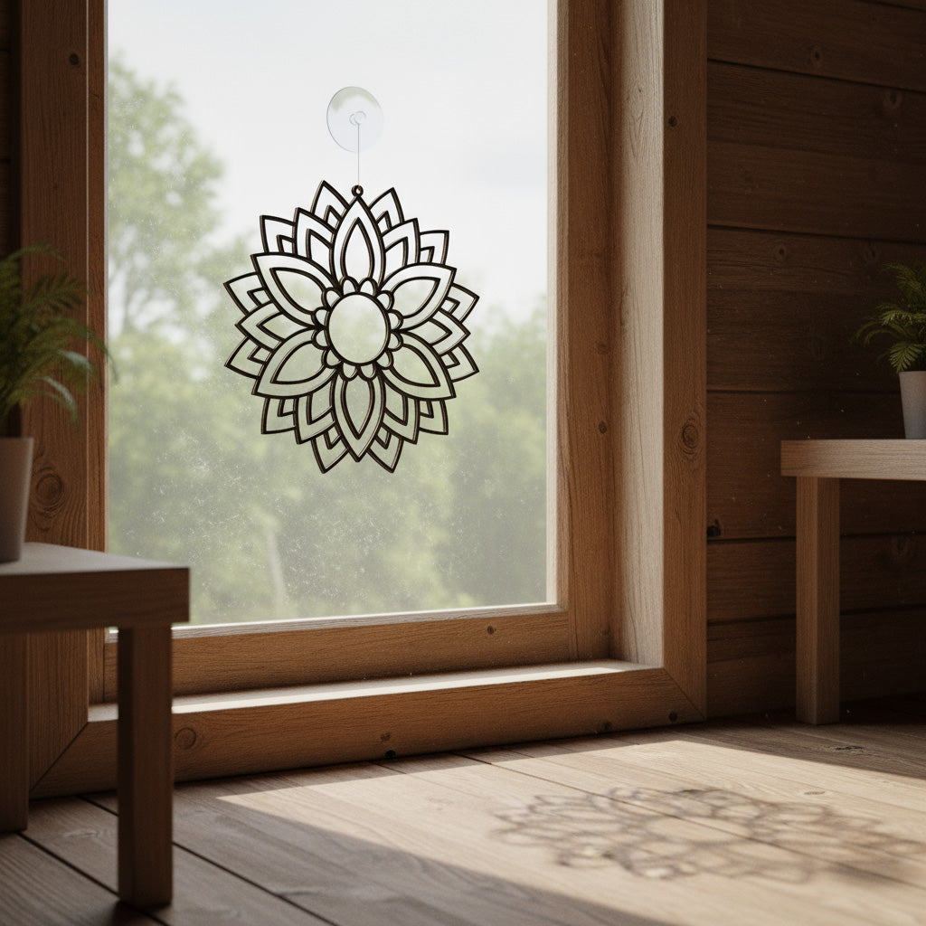Detail van Mandela Lotuslicht – mandala patroon zichtbaar door daglicht in raamhanger