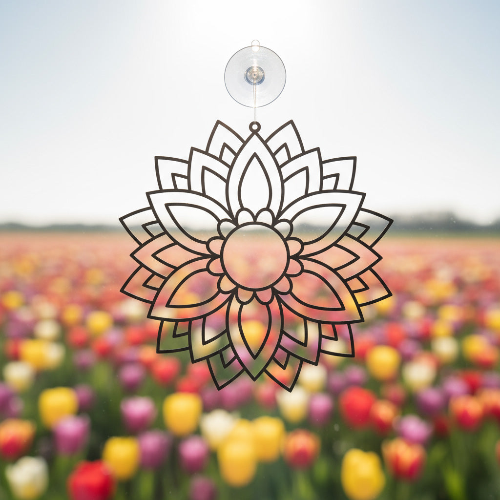 Detail van Mandela Lotuslicht – mandala patroon zichtbaar door daglicht in raamhanger