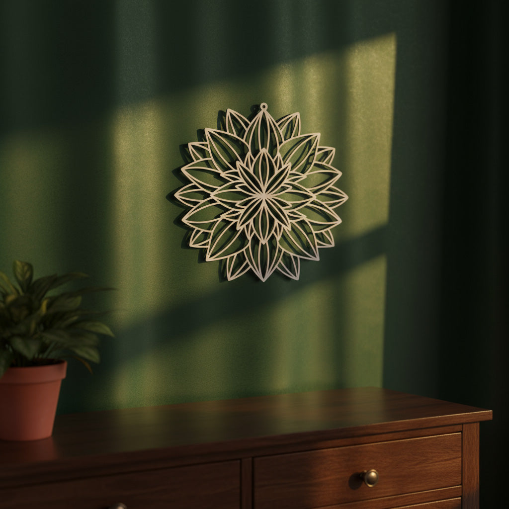 Artistieke wanddecoratie Mandala Zonbloem van Rust – 3D-geprint design met rust en harmonie