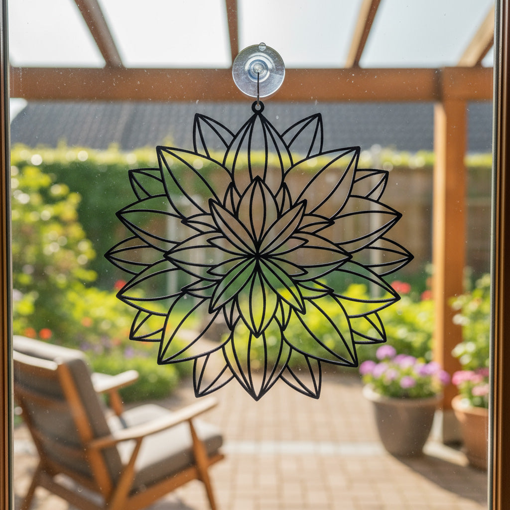 Mandala Zonbloem van Rust – spiritueel kunstobject als raamdecoratie, uit eigen studio van Marc Hartman