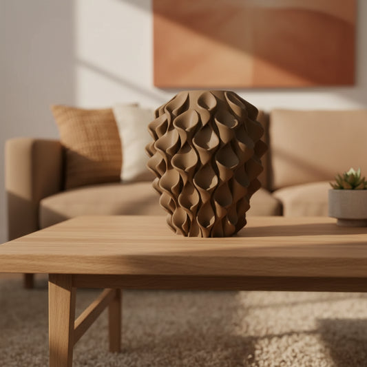 Seravasa designvaas in de kleur karamel op de salontafel in een gezellige woonkamer